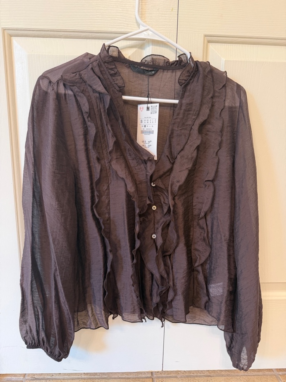 Zara Sheer Ruffle Button-Front Blouse - Brown